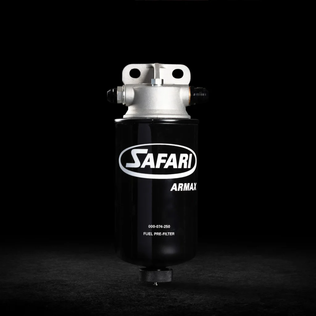 Safari ARMAX fuel pre-filter SFFVDJ70RH for Toyota 70 Series, showing 30 micron filter and in-cab water detection system.