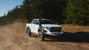 Safari ARMAX snorkel fitted on Toyota Hilux GR Sport showing raised intake and rugged design.