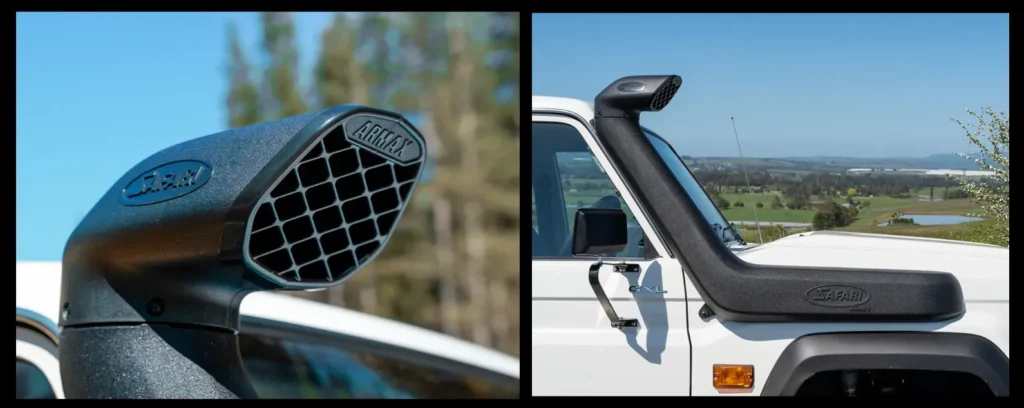 Safari ARMAX snorkel SS792HPVD installed on MY24 Toyota 70 Series, showing raised 4” air intake and rugged off-road design.