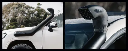 Safari V-SPEC snorkel mounted on Toyota Land Cruiser 300 Series, featuring traditional 3.5” air ram and raised intake design.