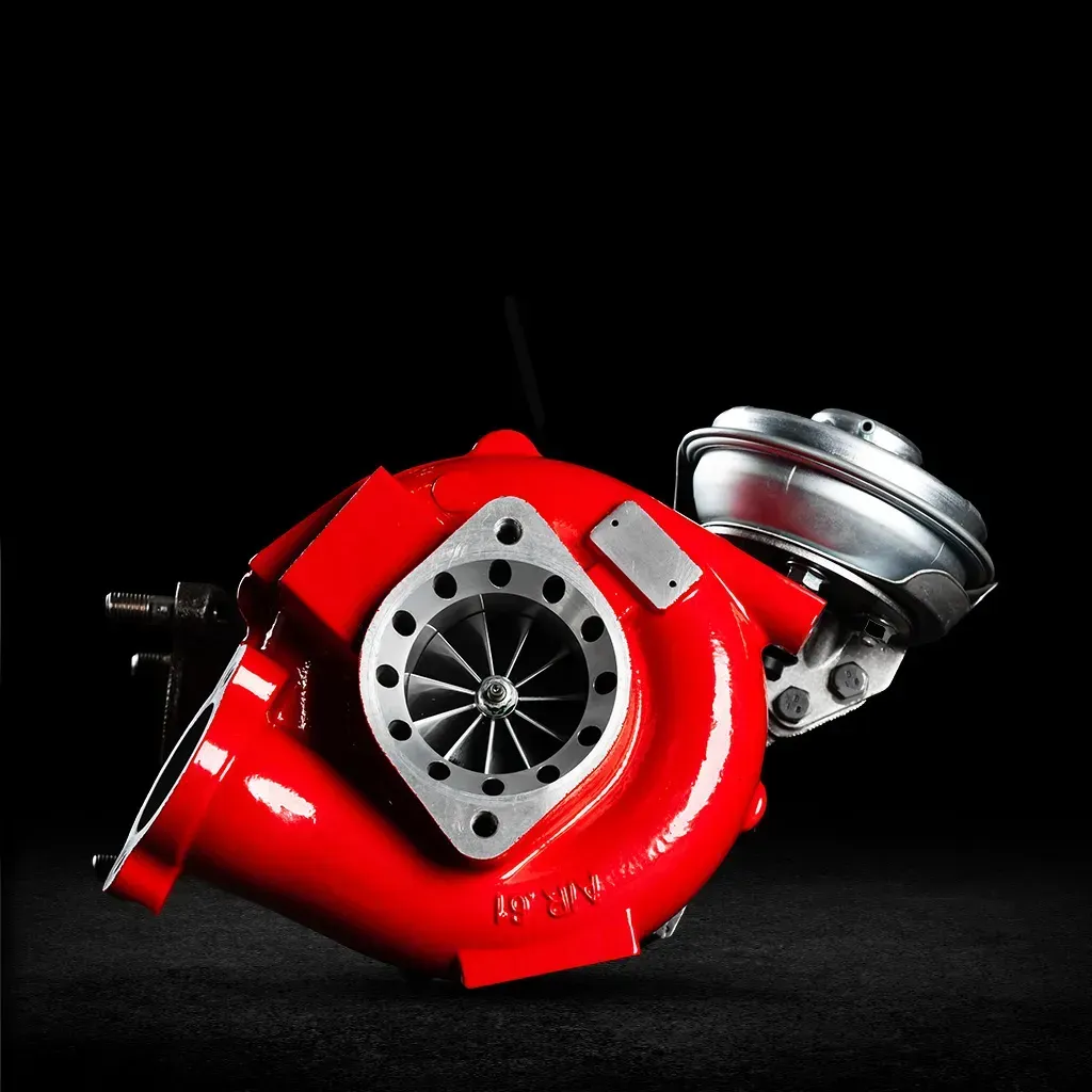 Safari ARMAX turbocharger STVDJ70W350 for Toyota 70 Series, showing billet compressor wheel and surge slotted housing.