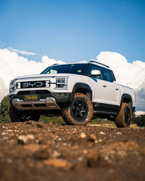 Tough Dog suspension components installed on a BYD Shark 6 including upgraded shocks and raised coils for a 40 mm lift