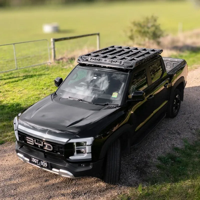 Top view of TrailMax full-length alloy roof rack platform installed on BYD Shark, showing full usable space