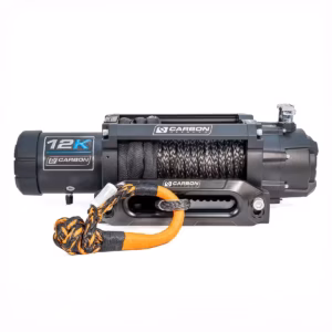 Carbon 12K V3X 12000lb winch mounted on 4x4 bull bar showing synthetic rope, fairlead and rugged off-road recovery setup