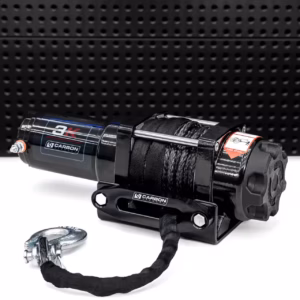 Carbon 3.0K 3000lb compact winch mounted on ATV or trailer showing synthetic rope, roller fairlead and lightweight recovery setup