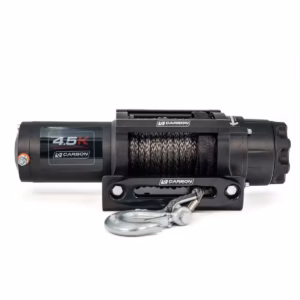 Carbon 4.5K 4500lb ATV/UTV winch installed on off-road vehicle showing synthetic rope, aluminium fairlead and compact recovery setup