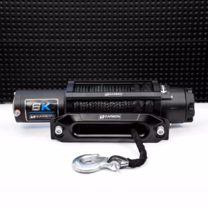 Carbon Offroad 6000lb long drum winch installed on ATV or small 4WD showing extended 26m synthetic rope and aluminium fairlead setup