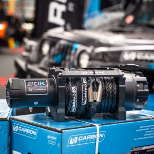 Carbon Scout Pro 20000lb extreme duty truck winch with 7HP motor, synthetic rope, and heavy-duty off-road recovery setup