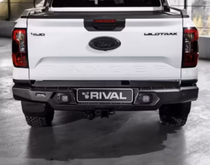 RIVAL aluminium rear bar fitted to Ford Ranger Next Gen 2022-on with integrated LED spotlights, tow bar compatibility and 5000 kg rated recovery points