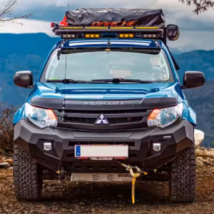 RIVAL aluminium front bar installed on Mitsubishi Triton MQ 2015 to 2019 with ADR69 compliant LED fog lights and winch ready design