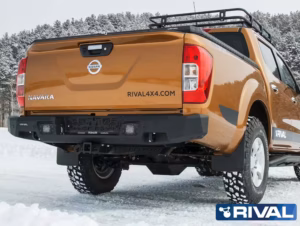 RIVAL aluminium rear bar installed on Nissan Navara D23 2015 to 2019 with integrated LED spotlights and tow bar compatibility