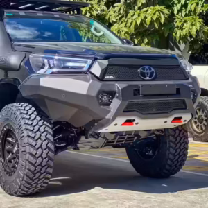 RIVAL aluminium front bar right angle view on Toyota Hilux with winch ready cradle and underbody bash plate