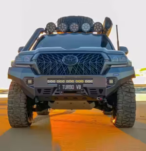RIVAL aluminium front bar right angle view on Toyota Land Cruiser 200 with winch ready cradle and bash plate
