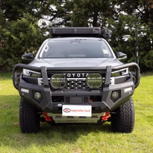 Opposite Lock bull bar Toyota Hilux 2026 ADR compliant winch ready front protection bar with fog lights and LED indicators
